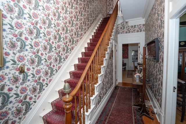 117 Bradley St, Romeo, MI 48065 - staircase with crown molding and wallpapered walls
