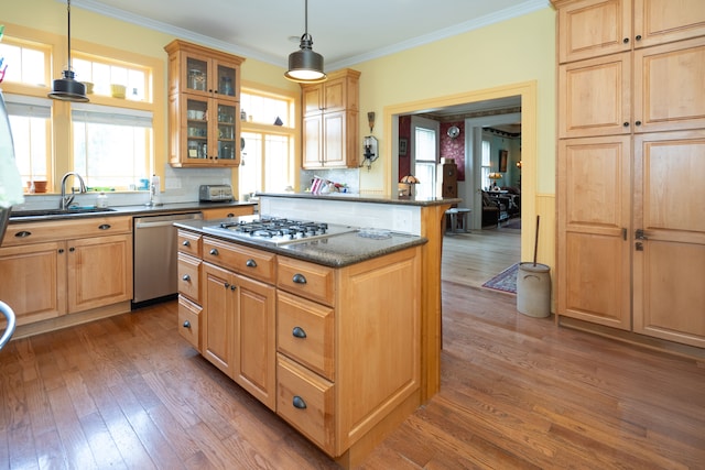 117 Bradley St, Romeo, MI 48065 - kitchen with hardwood / wood-style flooring, appliances with stainless steel finishes, a kitchen island, ornamental molding, and a sink