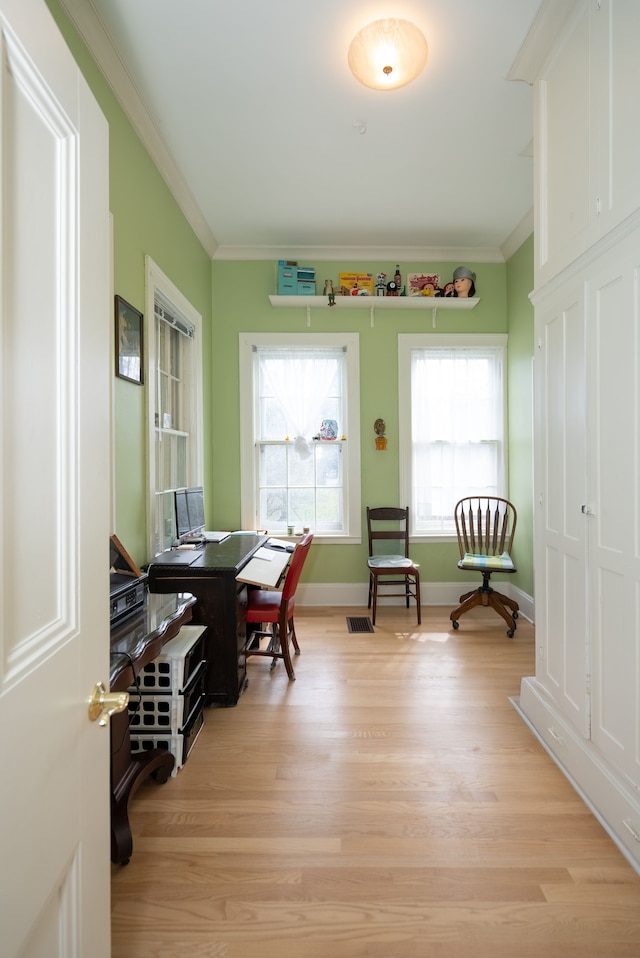 117 Bradley St, Romeo, MI 48065 - office with visible vents, light wood-type flooring, crown molding, and baseboards