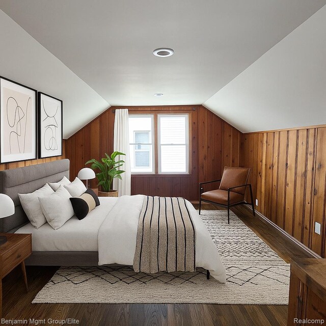 1606 Mill St, Lincoln Park, MI 48146 - bedroom featuring lofted ceiling, wood finished floors, and wooden walls