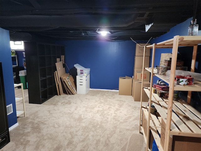 basement with carpet flooring
