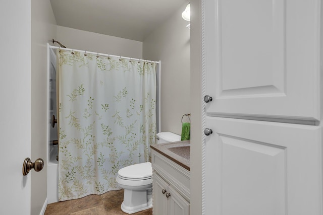 full bathroom featuring toilet, shower / tub combo, and vanity