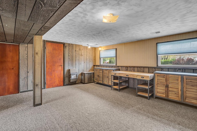 office featuring wooden walls, a healthy amount of sunlight, heating unit, and carpet flooring