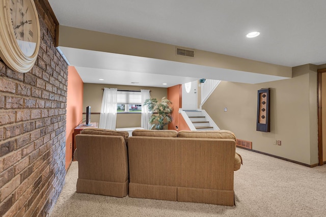 carpeted living room featuring stairway, visible vents, recessed lighting, and baseboards