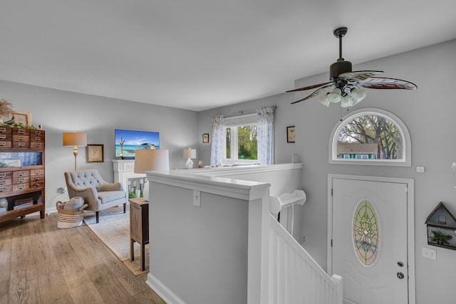foyer entrance with ceiling fan and wood finished floors