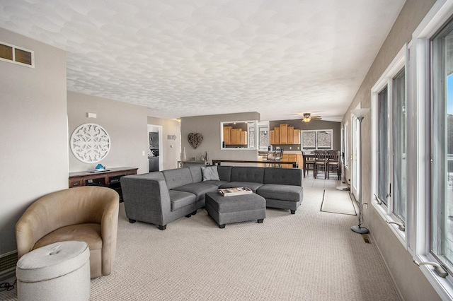 living room featuring a healthy amount of sunlight, visible vents, light carpet, and a textured ceiling