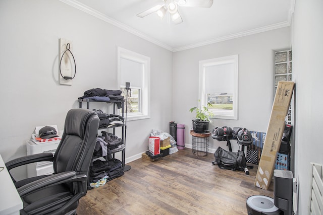 office space with baseboards, a ceiling fan, wood finished floors, and ornamental molding