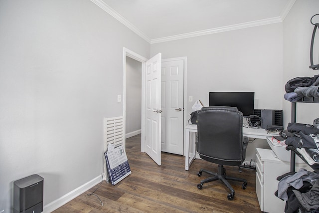 office with crown molding, baseboards, and wood finished floors