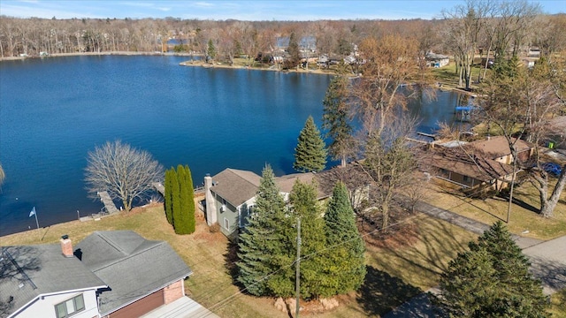 bird's eye view with a water view