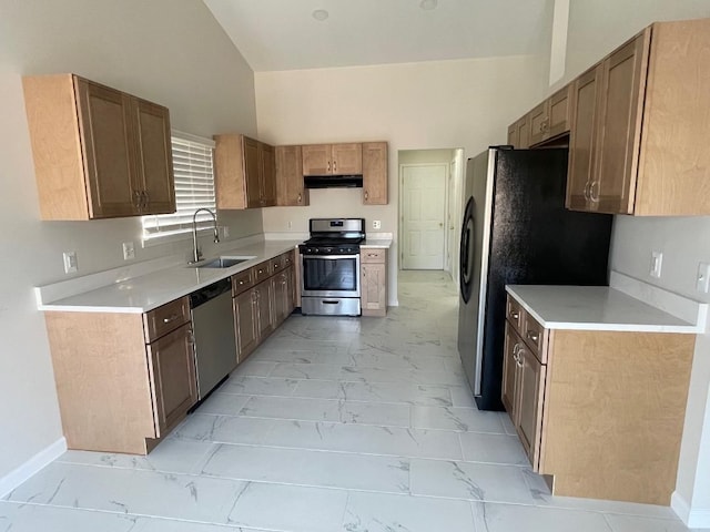 46132 Royal Dr, Chesterfield, MI 48051 - kitchen with a sink, light countertops, marble finish floor, stainless steel appliances, and under cabinet range hood