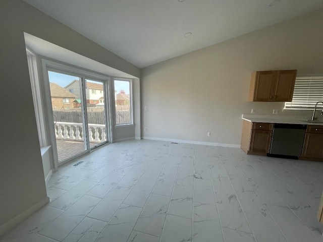 46132 Royal Dr, Chesterfield, MI 48051 - unfurnished living room featuring visible vents, marble finish floor, lofted ceiling, baseboards, and a sink