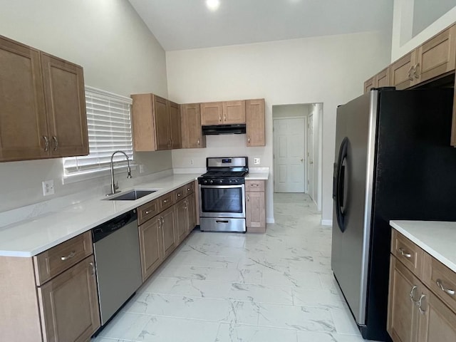 46132 Royal Dr, Chesterfield, MI 48051 - kitchen featuring a high ceiling, a sink, marble finish floor, stainless steel appliances, and under cabinet range hood