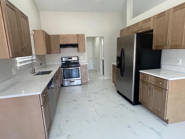 46132 Royal Dr, Chesterfield, MI 48051 - kitchen featuring marble finish floor, gas stove, fridge with ice dispenser, a sink, and exhaust hood