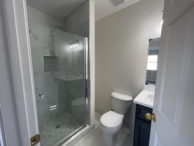 46132 Royal Dr, Chesterfield, MI 48051 - bathroom featuring vanity, a marble finish shower, visible vents, and toilet