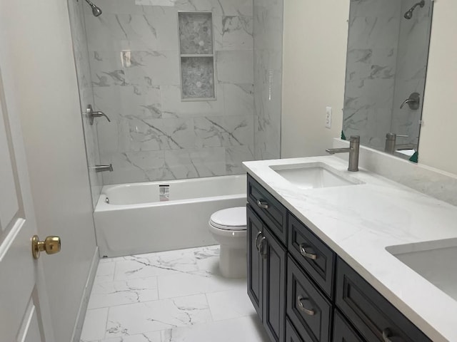 46132 Royal Dr, Chesterfield, MI 48051 - full bath featuring double vanity, a sink, toilet,  shower combination, and marble finish floor