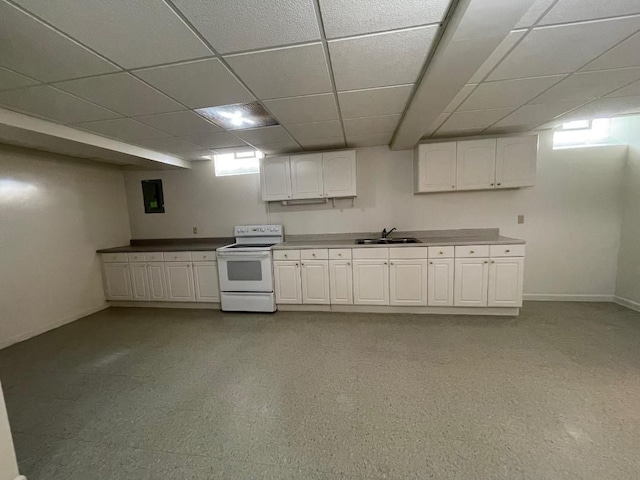 46132 Royal Dr, Chesterfield, MI 48051 - kitchen featuring a sink, white electric range oven, white cabinets, and a paneled ceiling