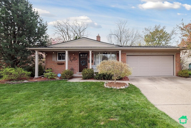 view of front of property featuring a garage, brick siding, a chimney, and driveway