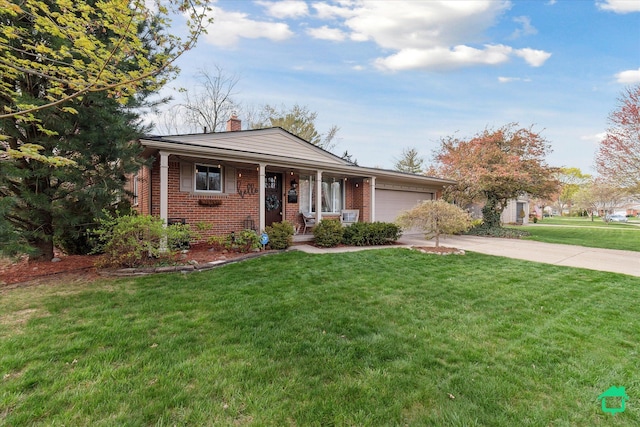 ranch-style house with a chimney, brick siding, a garage, a front yard, and concrete driveway
