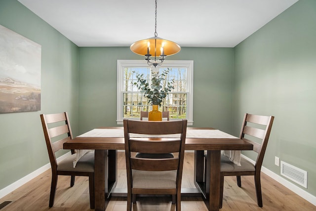 dining room featuring baseboards, visible vents, and light wood-type flooring