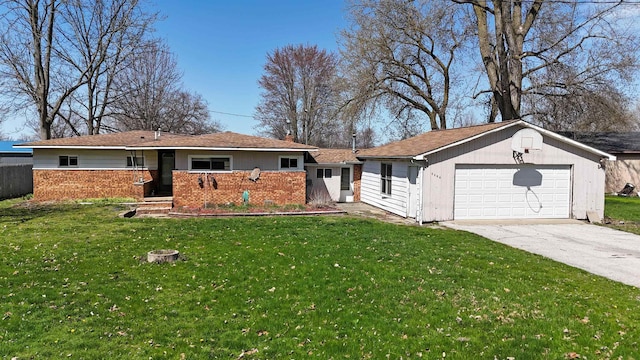 2086 Sloan Rd, Burt, MI 48417 - ranch-style home with a garage, brick siding, a front yard, and concrete driveway