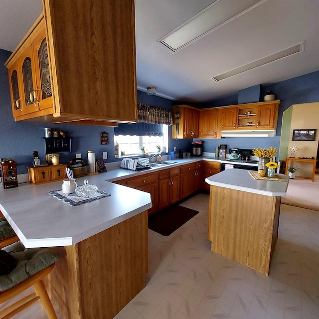 kitchen featuring white range with electric stovetop, light countertops, a peninsula, under cabinet range hood, and vaulted ceiling