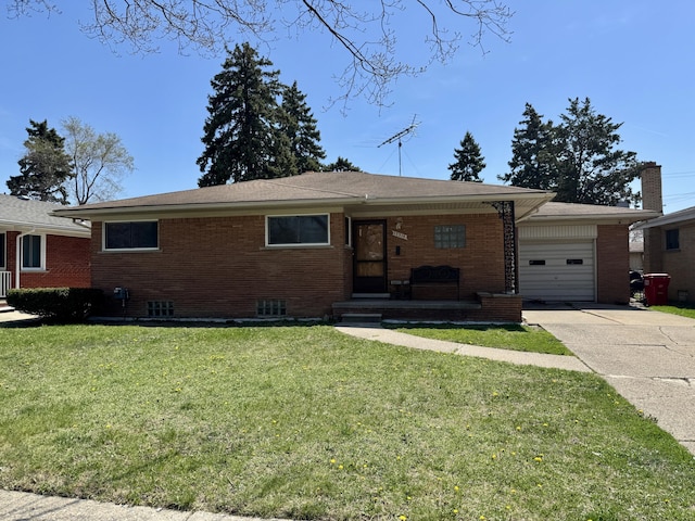 17314 Veronica Ave, Eastpointe, MI 48021 - ranch-style house featuring a porch, brick siding, a front yard, concrete driveway, and an attached garage