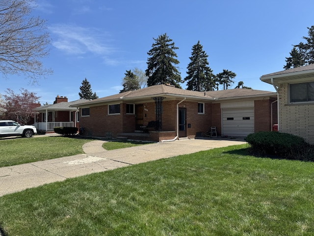 17314 Veronica Ave, Eastpointe, MI 48021 - ranch-style house featuring a front lawn, a garage, covered porch, and brick siding