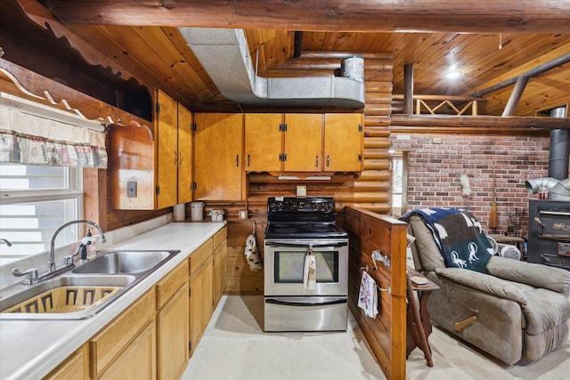 3895 Pine St, Glennie, MI 48737 - kitchen with stainless steel range with electric cooktop, a sink, rustic walls, a wood stove, and wood ceiling