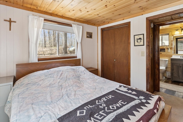 3895 Pine St, Glennie, MI 48737 - carpeted bedroom with wooden ceiling, a closet, a sink, wooden walls, and connected bathroom