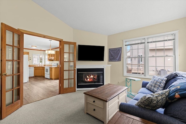 514 Mill Pond Dr, Fenton, MI 48430 - living room featuring a wealth of natural light, french doors, light colored carpet, and a glass covered fireplace