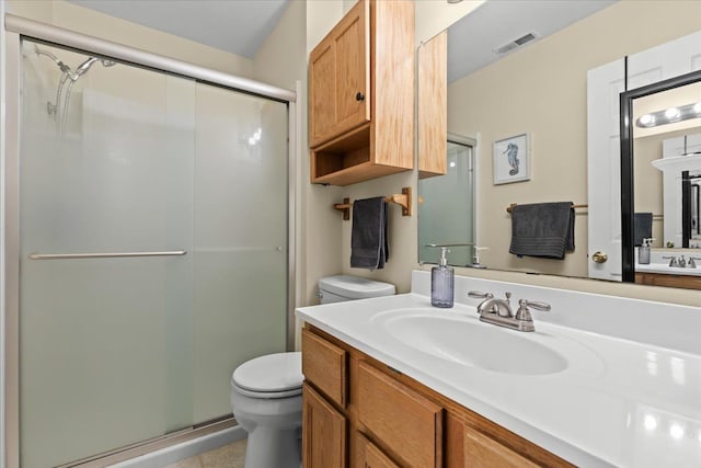 514 Mill Pond Dr, Fenton, MI 48430 - bathroom with visible vents, toilet, a shower stall, and vanity