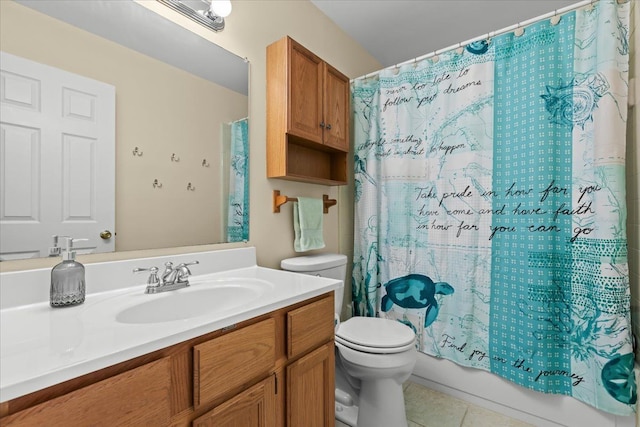 514 Mill Pond Dr, Fenton, MI 48430 - bathroom with shower / bath combination with curtain, toilet, tile patterned flooring, and vanity