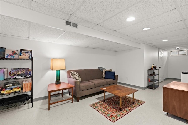 514 Mill Pond Dr, Fenton, MI 48430 - living room featuring baseboards, visible vents, a paneled ceiling, and recessed lighting