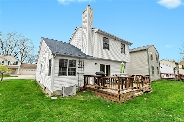 514 Mill Pond Dr, Fenton, MI 48430 - back of property with a wooden deck, a chimney, ac unit, roof with shingles, and a yard