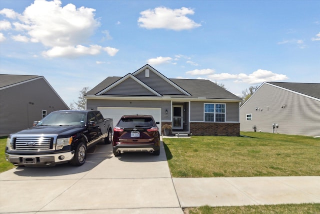 craftsman-style home featuring a garage, concrete driveway, a front yard, and brick siding