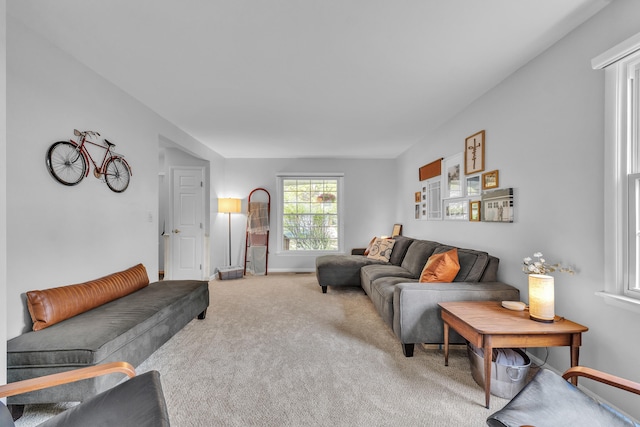 carpeted living room featuring baseboards