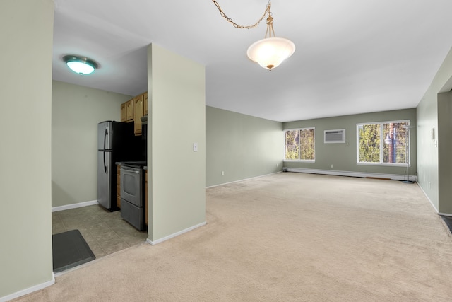 unfurnished living room with light colored carpet, baseboards, an AC wall unit, and baseboard heating