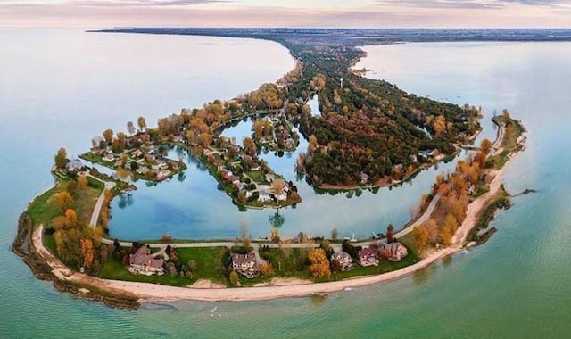 bird's eye view with a water view