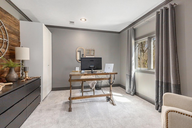 office space featuring crown molding, visible vents, baseboards, recessed lighting, and light carpet