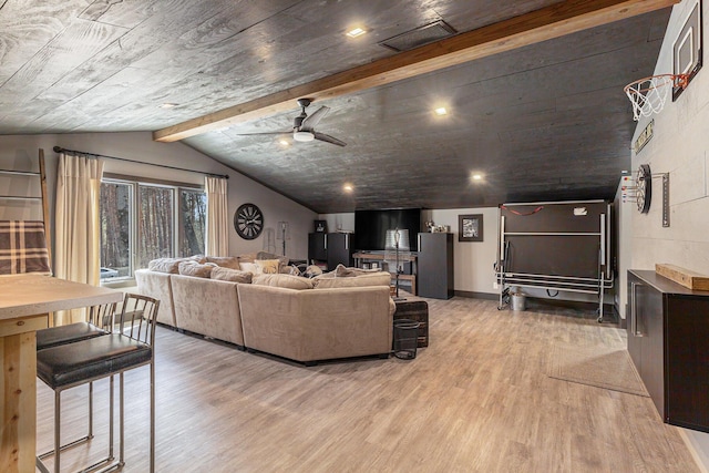 living room featuring lofted ceiling with beams, visible vents, ceiling fan, and light wood-type flooring