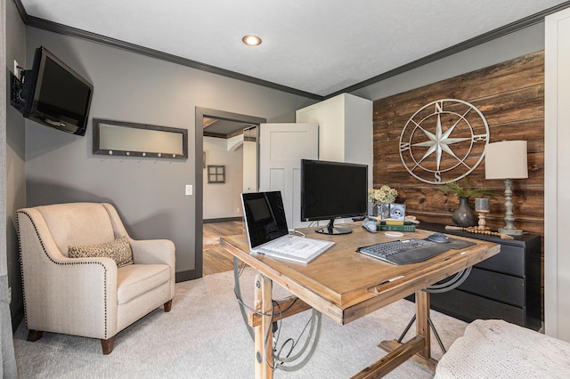 office area with ornamental molding, recessed lighting, and baseboards
