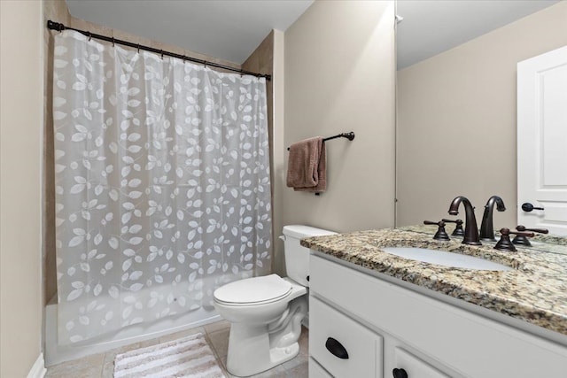 full bathroom with vanity, tile patterned flooring, shower / bath combo, and toilet