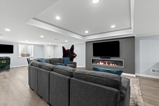 living area featuring crown molding and a raised ceiling