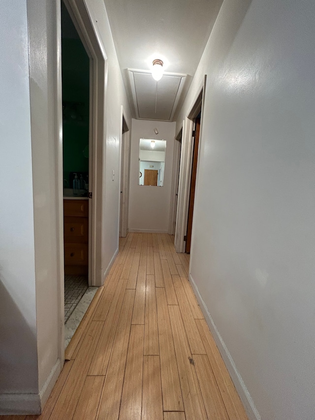 hallway featuring light wood finished floors and attic access