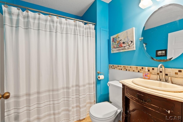 3620 Sharp Rd, Adrian, MI 49221 - bathroom with vanity, tasteful backsplash, toilet, and curtained shower