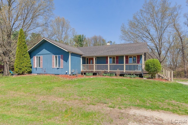 3620 Sharp Rd, Adrian, MI 49221 - ranch-style home with a front lawn, covered porch, and a chimney