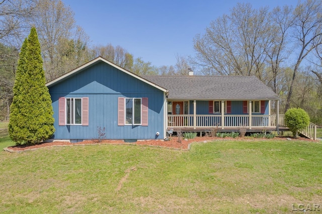 3620 Sharp Rd, Adrian, MI 49221 - ranch-style home with a porch, a chimney, roof with shingles, and a front lawn