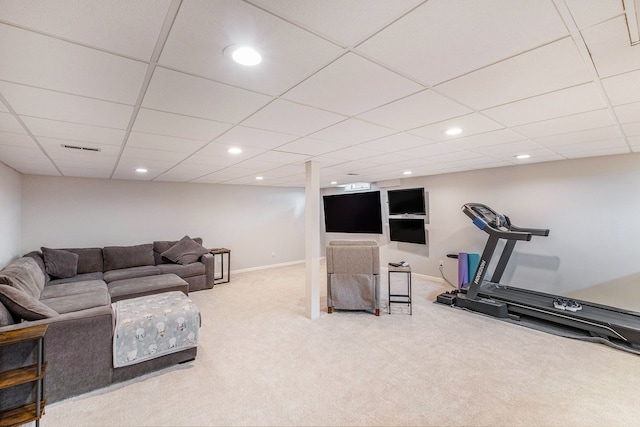 carpeted living area with recessed lighting, baseboards, a drop ceiling, and visible vents