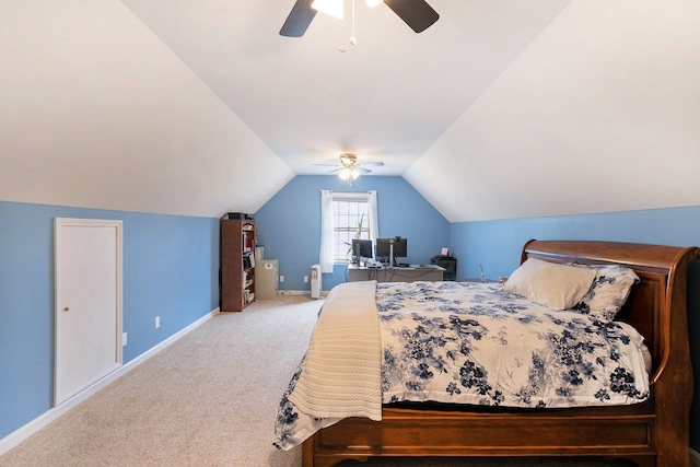 bedroom featuring baseboards, carpet flooring, a ceiling fan, and lofted ceiling