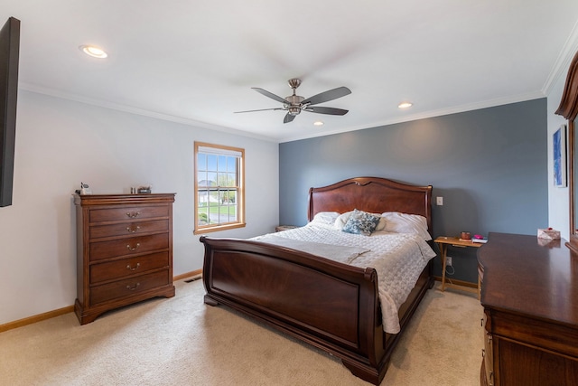 bedroom with recessed lighting, baseboards, light carpet, and ornamental molding